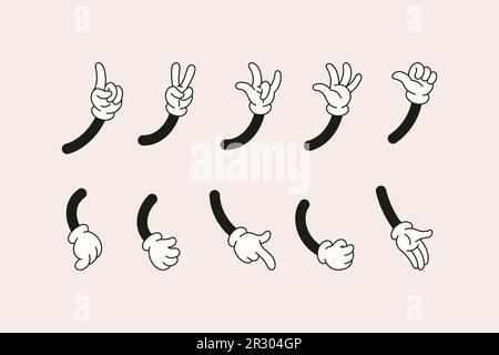 Retro Cartoon Hands Set in Different Gestures Showing Ok Sign, Pointing Fingers, Thumb Up, Rock sign, High Five. Vector Comic Arms in Gloves in 1930 S Stock Vector