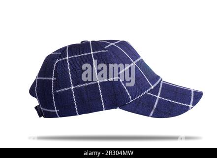 Navy blue baseball cap with white stripes isolated on white background Stock Photo