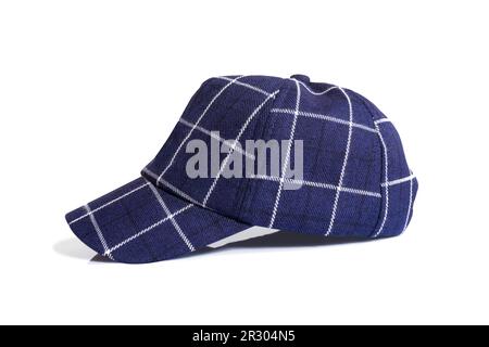 Navy blue baseball cap with white stripes isolated on white background Stock Photo