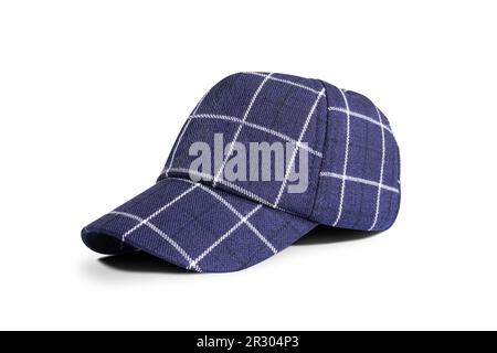 Navy blue baseball cap with white stripes isolated on white background Stock Photo