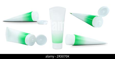 Blank White and Green cosmetic tube packaging Of Cream Or Gel. Ready for your package design. isolated on white background Stock Photo