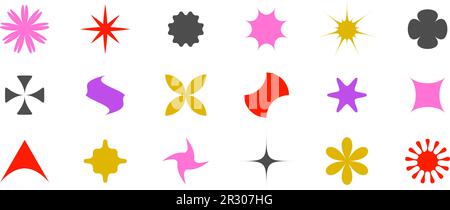 Abstract stars, flowers, waves, sunburst shapes collection. Primitive geometric forms in Swiss, bauhaus or Memphis style. Brutalist elements pack for poster, banner, collage. Vector signs bundle.  Stock Vector
