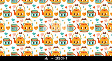 Cute Valentines day seamless pattern. Cup and teapot. Vector illustrations for valentines day, stickers, greeting cards Stock Vector