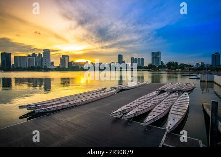 Dragon Boats park besides Water Sports Centre at Singapore Sports Hub. It is a sports and recreation district in Kallang, Singapore. Stock Photo