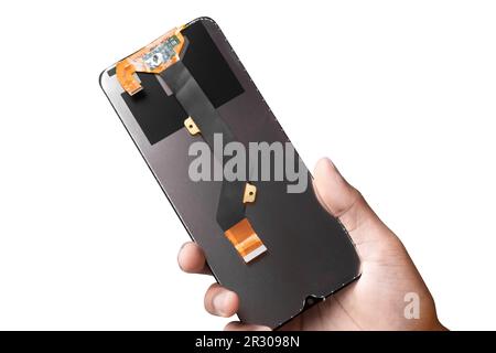 Closeup photo of a smartphone screen with a flexible cable. changing the screen. screen part to repair smartphone Stock Photo