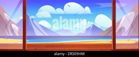 Mountain lake view from wooden terrace with glass door. Vector cartoon illustration of beautiful rocky landscape, sandy beach and calm water under blue sky seen from cottage window. Summer vacation Stock Vector