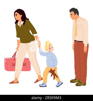 Parents divorce vector illustration wife with child leaving husband Stock Vector