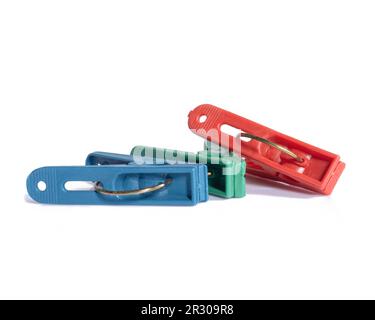Colorful clothespins isolated on white background Stock Photo