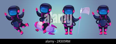 Set of cartoon astronauts in spacesuit, helmet isolated on background. Vector illustration of cute cosmonaut character flying in space, sitting on rocket, holding flag, waving hello. Education mascot Stock Vector