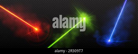 Realistic set of laser lights isolated on transparent background. Vector illustration of neon red, green and blue energy rays with smoke effect. Bright projector lines. Futuristic weapon. Magic flash Stock Vector