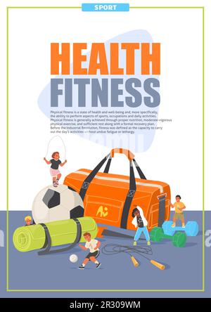 Health fitness poster or flyer template with happy children and sport accessories Stock Vector