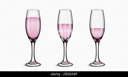 Flute glass with rose pink bubble wine isolated vector on transparent background. Realistic wedding party sparkling prosecco wineglass toast. Luxury goblet with stem grape drink illustration design Stock Vector