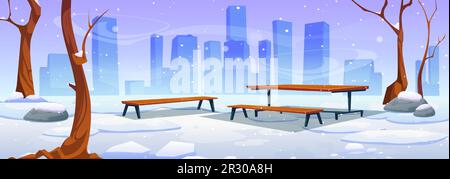 Snowy winter in urban park. Vector cartoon illustration of public garden landscape with wooden table, benches, leafless trees and bushes covered with snow, silhouettes of city buildings on background Stock Vector