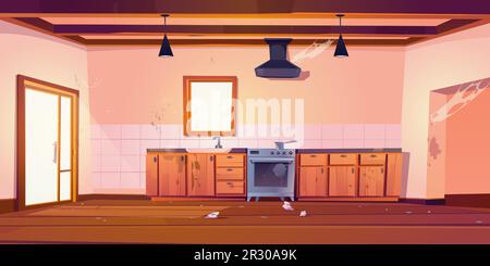 Untidy kitchen with dirty furniture and cobweb on walls. Vector cartoon illustration of room in old house with dust, crumpled paper, litter on floor, stains on countertop, cabinets and drawers Stock Vector