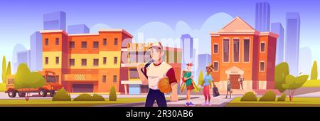 School building on town street vector background. City college and university house exterior with student scene illustration. Kindergarten architecture and happy teacher walk near campus playground. Stock Vector