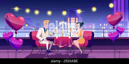 Romantic dinner date at night on city roof terrace cartoon illustration. Couple dining on balcony table with celebration and balloon decoration for marriage proposal or anniversary celebration Stock Vector