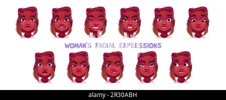 Black woman face expression cartoon vector set. Female african character facial illustration with different emotions. Happy, sad, angry and confused young girl adult mood avatar portrait collection Stock Vector