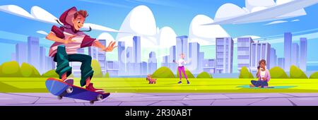 Skater in city park garden cartoon vector landscape. Outdoor nature scene with road and grass on cityscape with skyscraper scenery. Woman walking with dog on sunny day in New York town illustration Stock Vector