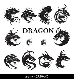 A collection of black dragon vector illustrations. Stock Vector