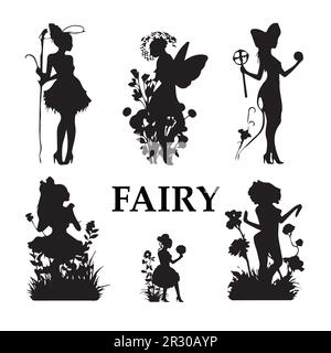 A set of silhouette fairy vector illustrations. Stock Vector