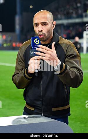 Auxerre, France. 21st May, 2023. Thierry Henry, consultant for  Prime  Video channel during the Ligue 1 Uber Eats football (soccer) match between  AJ Auxerre (AJA) and Paris Saint Germain (PSG) on