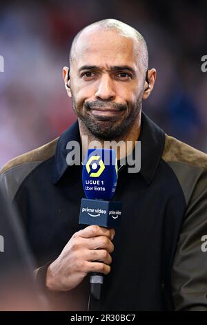 Auxerre, France. 21st May, 2023. Thierry Henry, consultant for  Prime  Video channel during the Ligue 1 Uber Eats football (soccer) match between  AJ Auxerre (AJA) and Paris Saint Germain (PSG) on