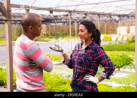 Two latino garden workers discussing working process Stock Photo