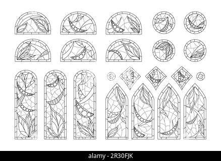 Coloring stained glasses. Set of different windows shapes drawing in one style. Stock Vector