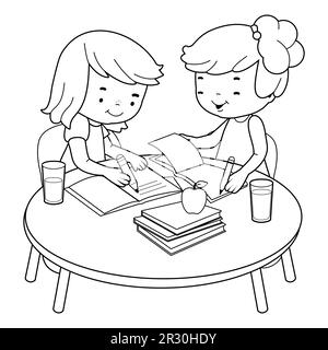 Students doing homework. Black and white coloring page Stock Photo - Alamy