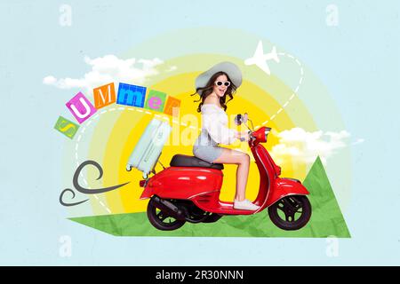 Bright creative picture image artwork collage 3d pop image of crazy overjoyed girl riding airport weekend trip isolated painting background Stock Photo