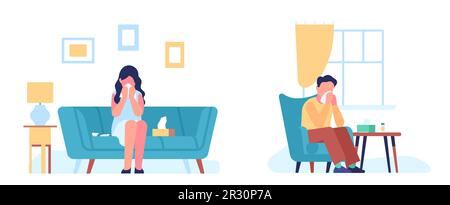 Sneezing woman and man suffer from seasonal allergies at home. Boy and girl blowing nose in handkerchief, watery eye, pollen allergy cartoon flat Stock Vector