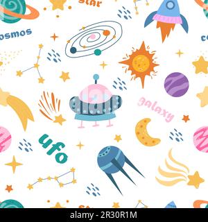 Seamless Space Monsters pattern. Elements of children's space, cute planets and aliens Stock Vector
