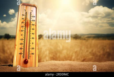 Heat, thermometer shows the temperature is hot in the sky, Stock Photo