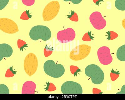 Seamless pattern with apples, strawberries and lemons on a yellow background. Summer fruit pattern. Design for printing on fabric, paper and banners. Stock Vector