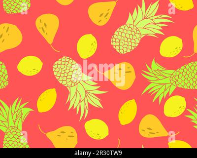 Seamless pattern with pineapples, lemons and pears. Fruit mix tropical summer background. Design of printing, banners and promotional materials. Vecto Stock Vector