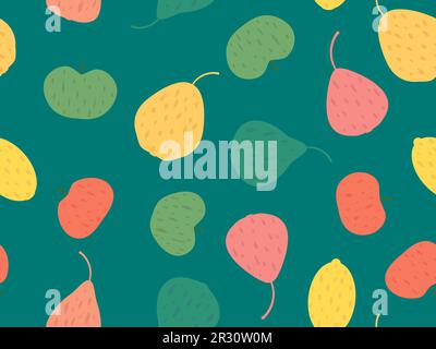 Seamless pattern with pears, apples and lemons on a green background. Summer fruit pattern. Design for printing on fabric, paper and banners. Vector i Stock Vector