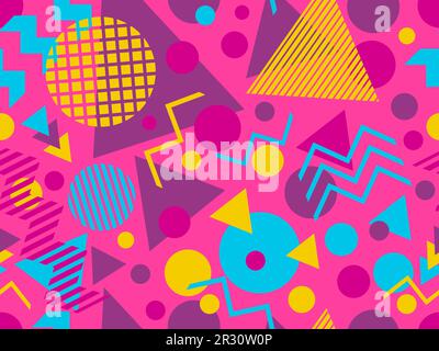 Seamless pattern with geometric shapes in 80s memphis style. Colorful geometric pattern with triangles, dots, zigzags and stripes. Design for wrappers Stock Vector