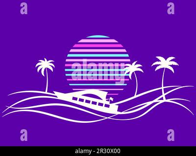 80s retro sun with a wavy landscape of palm trees and a yacht. Sea sunset with line style and minimalist style. Design for printing on t-shirts, banne Stock Vector