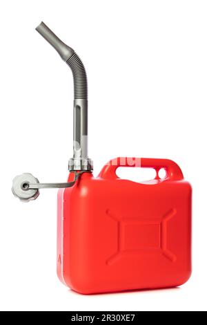 Red plastic gasoline can with attached nozzle isolated on white background Stock Photo