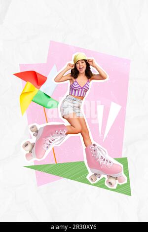 Creative image picture collage of positive cheerful girl stylish outfit have fun riding rollers street road isolated drawing background Stock Photo