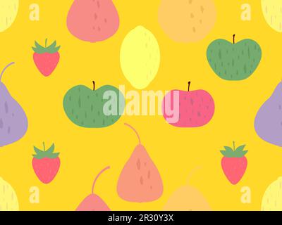 Seamless pattern with apples, strawberries and lemons and a pear on a yellow background. Summer fruit pattern. Design for printing on fabric, paper an Stock Vector