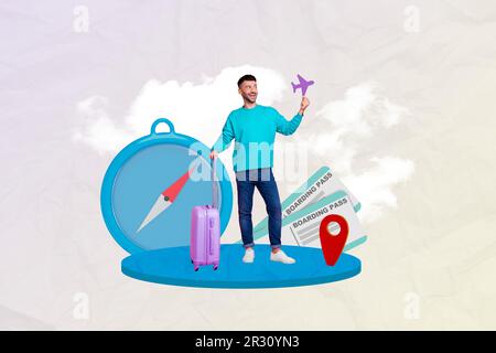 Advertisement poster collage banner image of happy guy hold paper plane dream relax rest fly abroad isolated drawing background Stock Photo