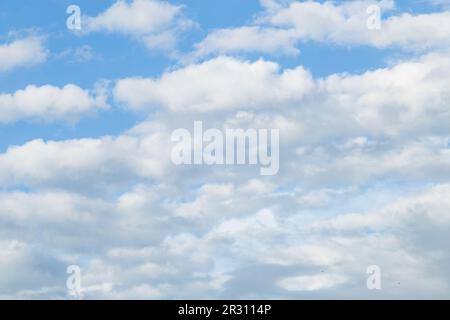 Beautiful blue sky background with tiny white clouds. Real photography Stock Photo