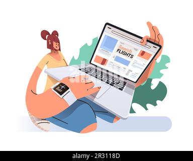 woman looking ticket for travel in flight search application on laptop screen girl traveler booking tickets for traveling Stock Vector