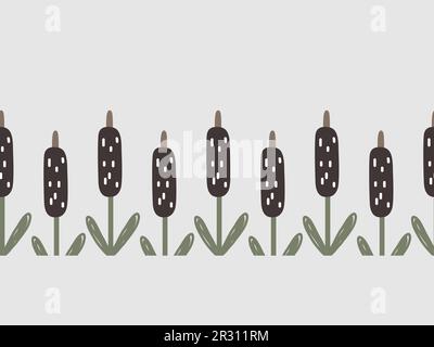 Reed, Cattail, Cane Doodle hand drawn Seamless Border in Scandinavian Style. Vector Cartoon Background Stock Vector