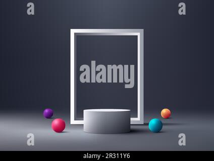 3D realistic empty white podium stand with geometric frame backdrop decoration with colorful balls on gray background decoration with sphere balls. Yo Stock Vector