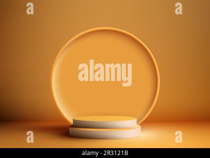 3D realistic empty white and yellow podium stand with circle backdrop on yellow background and natural lighting. You can use for product display prese Stock Vector