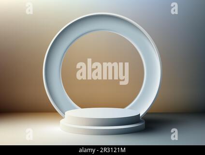 3D realistic empty white podium stand with circle backdrop on blue background and natural lighting. You can use for product display presentation, cosm Stock Vector