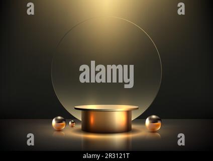 3D realistic modern luxury style empty golden podium with transparent glass circle backdrop decoration with gold balls on black background and lightin Stock Vector