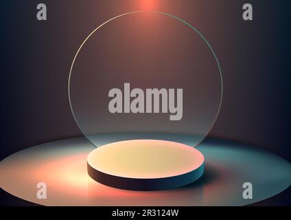 3D realistic empty podium platform with transparent glass circle backdrop on dark background with lighting. You can use for product display presentati Stock Vector